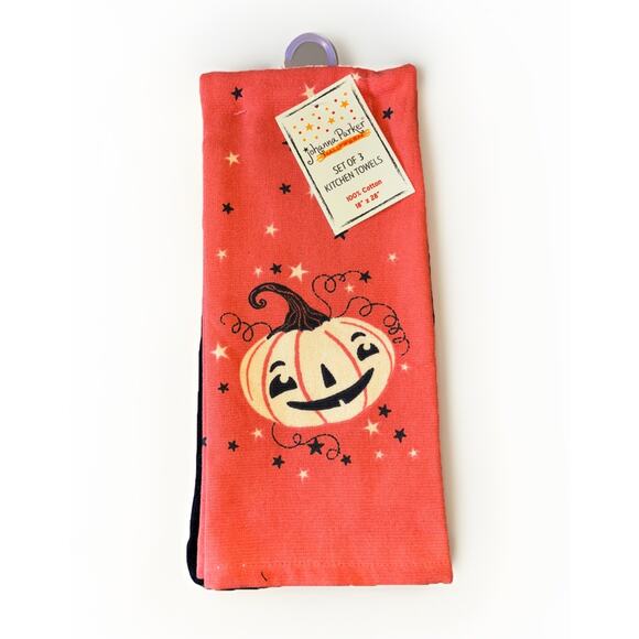 Johanna Parker Halloween Pumpkin Jack o Lantern 3 Kitchen Towels Orange Black - Picture 1 of 3